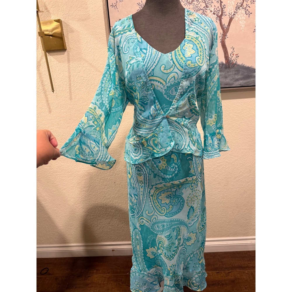 Studio I 90s Turquoise Paisley Maxi Dress and‎ Cardigan Set Size 14 2 Piece